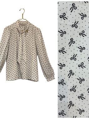 LOFT Bow Print Tie Neck Blouse Long Sleeve Top Medium